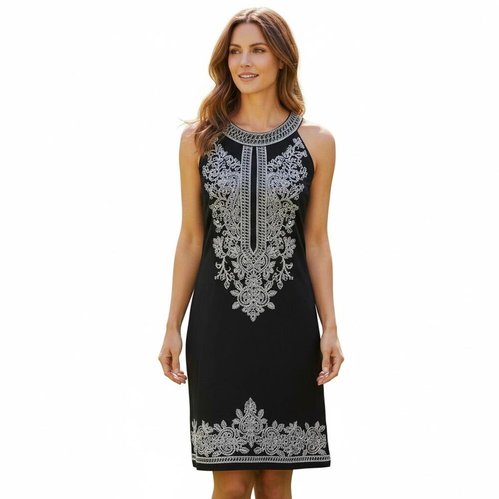 INC Black Dress with White Embroidery Pima Cotton Modal Size Small NWT